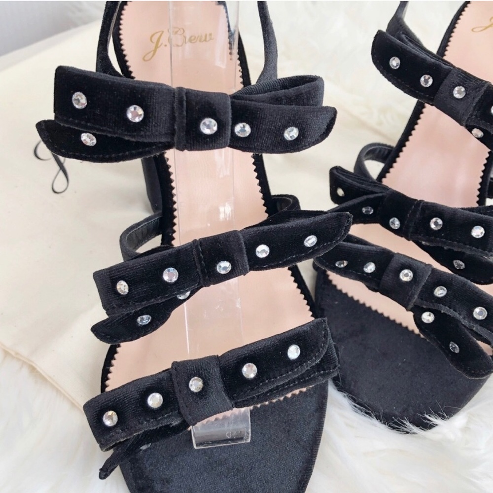 J Crew Black Velvet Bow Rhinestone Strappy Heels - Picture 3 of 7